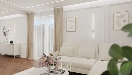 Wnętrze salonu z jasnymi meblami, drewnianą podłogą i roślinnością, nowoczesny, quiet luxury, tradycyjny, współczesny.