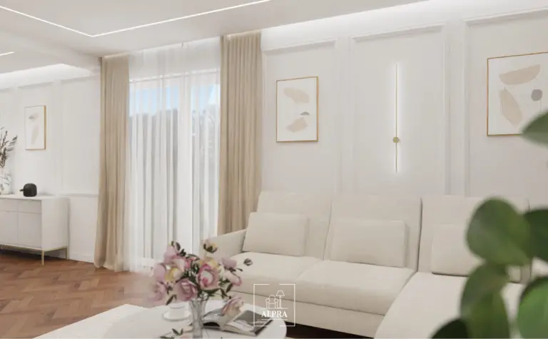 Wnętrze salonu z jasnymi meblami, drewnianą podłogą i roślinnością, nowoczesny, quiet luxury, tradycyjny, współczesny.