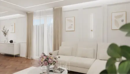 Wnętrze salonu z jasnymi meblami, drewnianą podłogą i roślinnością, nowoczesny, quiet luxury, tradycyjny, współczesny.