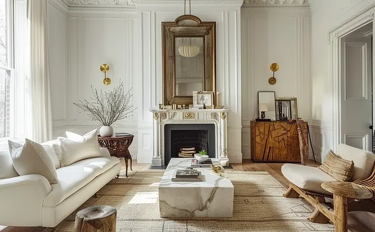 Wnętrze salonu w stylu art deco z białą sofą i drewnianymi akcentami