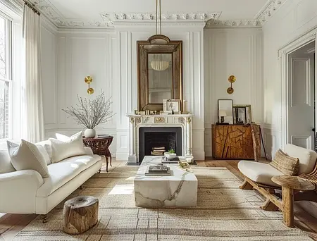 Wnętrze salonu w stylu art deco z białą sofą i drewnianymi akcentami