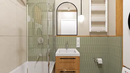 Nowoczesna łazienka z zielonymi kafelkami, boho i minimalistycznymi elementami.