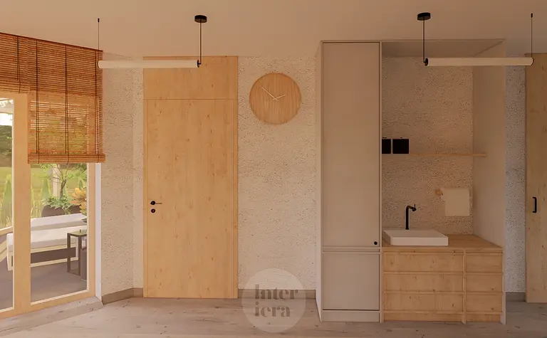 Wnętrze w stylu japandi i minimalistycznym z drewnianymi meblami i białym zlewem