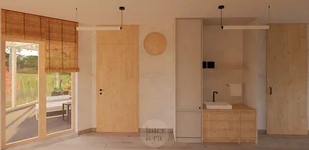 Wnętrze w stylu japandi i minimalistycznym z drewnianymi meblami i białym zlewem