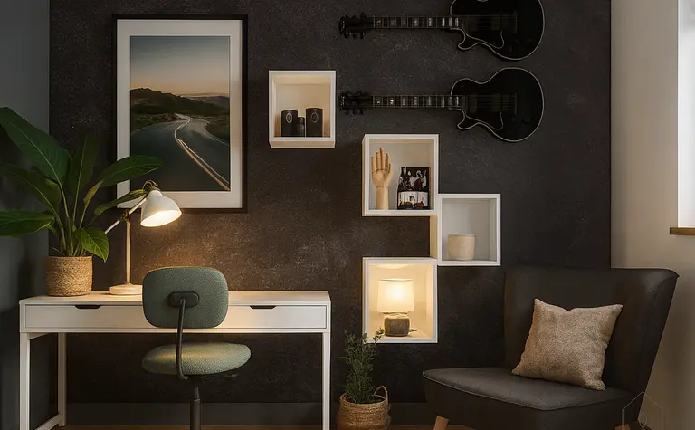 Gabinet z minimalistycznym wystrojem, białym biurkiem i ciemną ścianą.