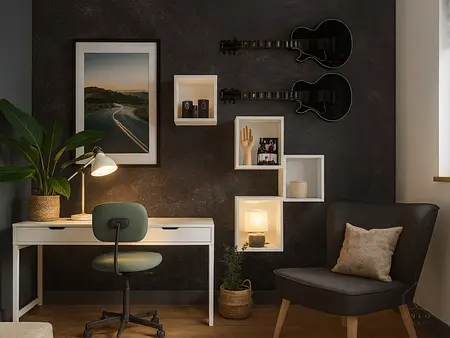 Gabinet z minimalistycznym wystrojem, białym biurkiem i ciemną ścianą.
