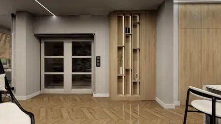 Nowoczesne wnętrze z minimalistyczną ścianką drewnianą i szklanymi drzwiami.