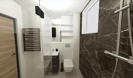 Nowoczesna łazienka z czarnymi i białymi kafelkami oraz drewnianymi elementami.