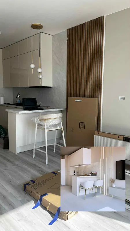 Nowoczesna kuchnia w stylu glamour i minimalistycznym z beżowymi meblami
