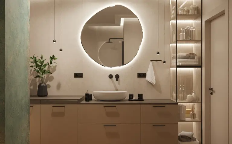 Wnętrze łazienki z minimalistycznym designem, soft minimalizm, współczesne elementy.