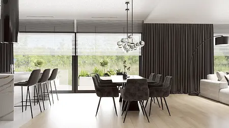 Wnętrze jadalni z minimalistycznym stylem, nowoczesne meble, duże okno.