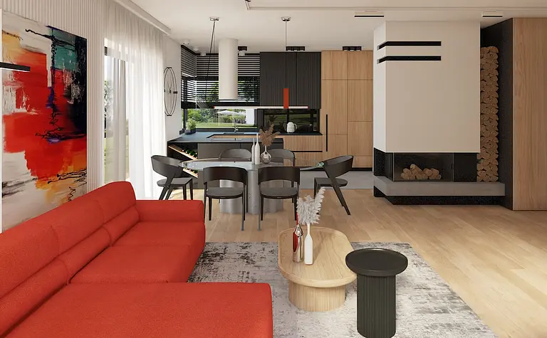 Wnętrze salonu w stylu minimalistycznym z czerwonymi meblami i drewnianymi detalami.