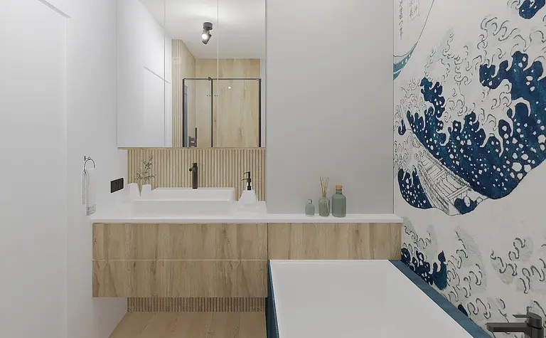 Nowoczesna łazienka z drewnianymi elementami, wanną i dekoracją w stylu dopamine decor.