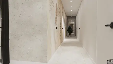 Korytarz z jasnymi ścianami i rośliną w doniczce, nowoczesny design.