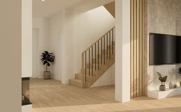 Wnętrze w stylu japandi, minimalistycznym i skandynawskim z drewnianą podłogą.