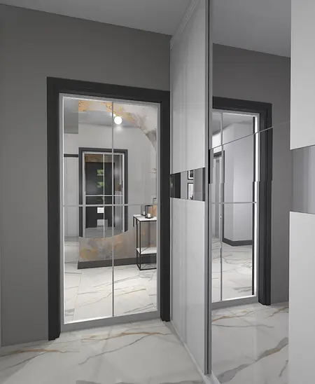Wnętrze korytarza z lustrami, szarymi ścianami i nowoczesnym oświetleniem. Art deco, minimaluxe, współczesny.