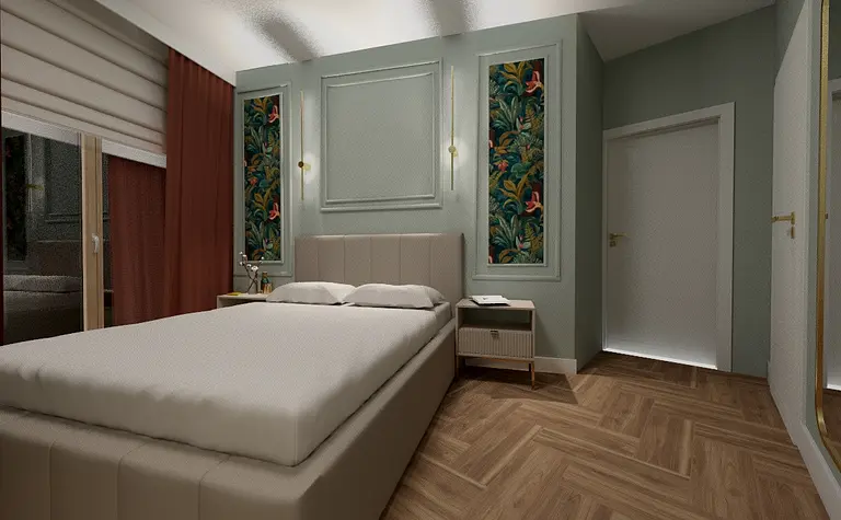 Wnętrze sypialni z łóżkiem, szafkami i roślinnymi dekoracjami, styl eklektyczny.