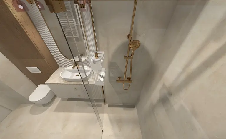 Nowoczesna łazienka z umywalką, prysznicem i drewnianymi elementami.