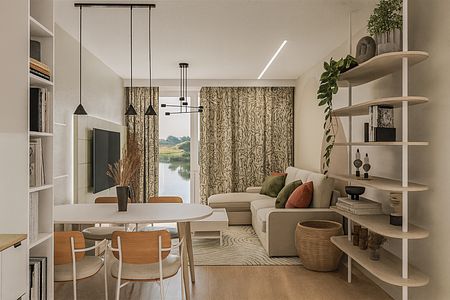 Wnętrze salonu w stylu skandynawskim z jasnymi meblami i roślinami