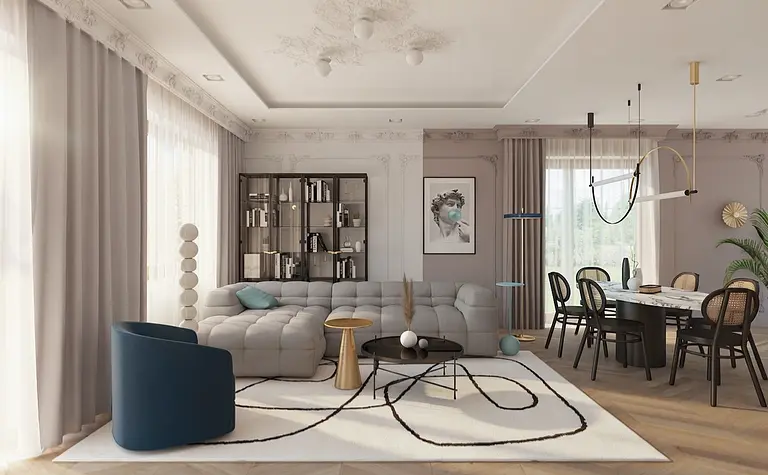 Wnętrze salonu w stylu art deco z szarym narożnikiem, drewnianym stołem i akcentami glamour.