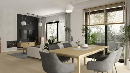 Wnętrze nowoczesnego salonu z dużym oknem, drewnianym stołem i roślinami.