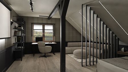 Wnętrze poddasza z minimalistycznym biurkiem, sofą i drewnianymi akcentami.