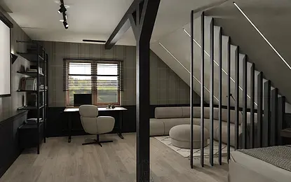 Wnętrze poddasza z minimalistycznym biurkiem, sofą i drewnianymi akcentami.
