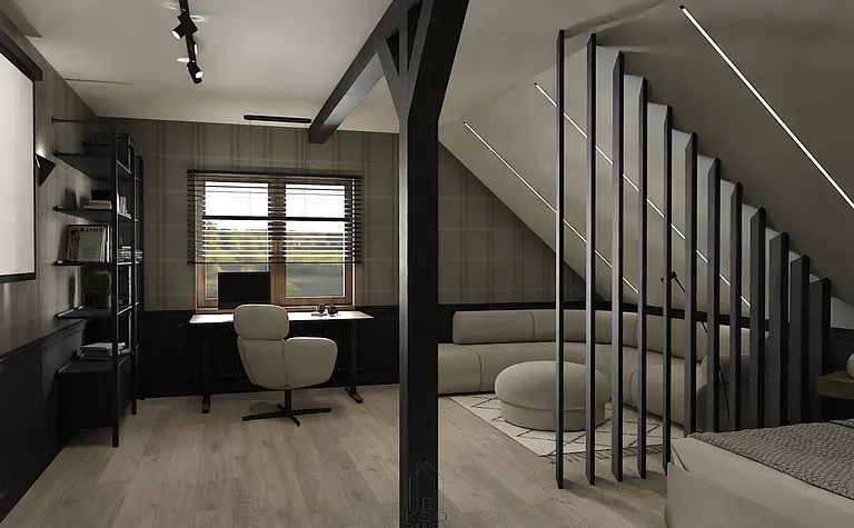 Wnętrze poddasza z minimalistycznym biurkiem, sofą i drewnianymi akcentami.