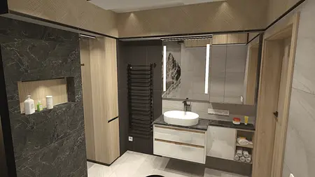 Nowoczesna łazienka z eklektycznym stylem, drewniane akcenty, elegancka umywalka.
