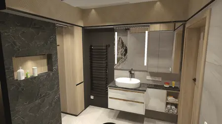 Nowoczesna łazienka z eklektycznym stylem, drewniane akcenty, elegancka umywalka.