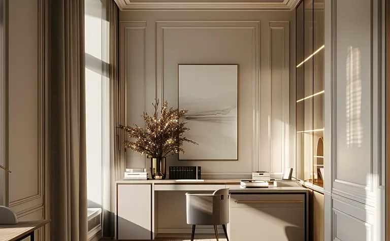 Gabinet w stylu art deco z biurkiem, rośliną i dużymi oknami