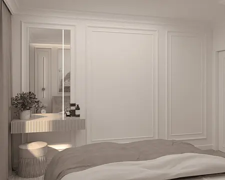 Wnętrze sypialni w stylu quiet luxury z jasnymi ścianami i drewnianymi detalami.