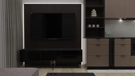 Wnętrze kuchni z nowoczesnymi meblami w kolorach czarnym i beżowym, minimalistyczne, współczesne.