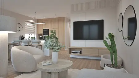 Wnętrze salonu w stylu boho, japandi i minimalistycznym z drewnianymi detalami.