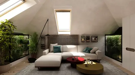 Wnętrze salonu w stylu japandi z roślinami i jasnymi meblami.