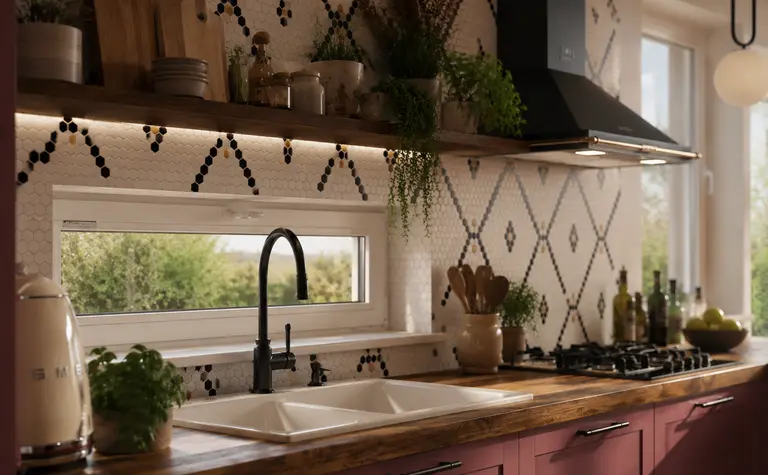 Kuchnia w stylu art deco i boho z różowymi meblami i rustykalnym wykończeniem.