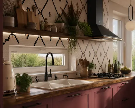 Kuchnia w stylu art deco i boho z różowymi meblami i rustykalnym wykończeniem.