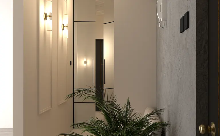 Nowoczesny przedpokój z białymi ścianami, glamour oświetleniem i rośliną.