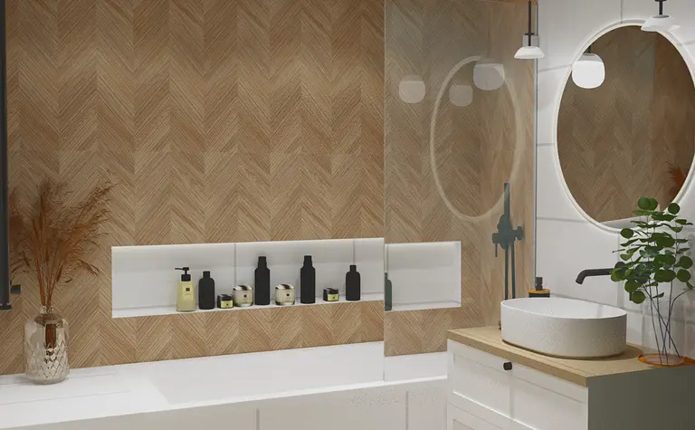 Wnętrze łazienki ze skandynawskim stylem, drewniana ściana, biała umywalka i rośliny.