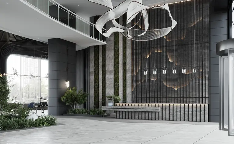 Nowoczesne lobby z roślinami, oświetleniem i betonowymi elementami w stylu minimalistycznym.