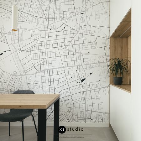 Wnętrze jadalnii w stylu minimalistycznym i skandynawskim z mapą i rośliną