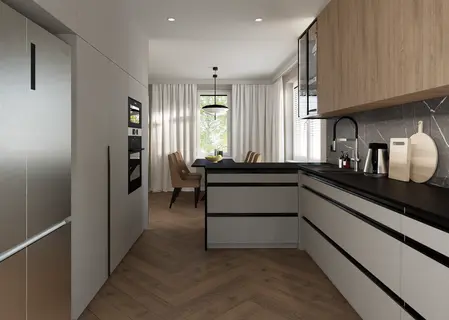 Nowoczesna kuchnia minimalistyczna z drewnianymi meblami i czarnym blatem