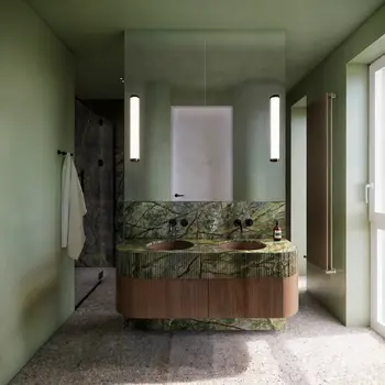 Nowoczesna łazienka z zielonym blatem, soft minimalizm, quiet luxury i minimaluxe
