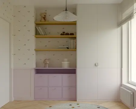 Eklektyczny pokój dziecięcy z jasnymi meblami, półkami i dekoracjami.