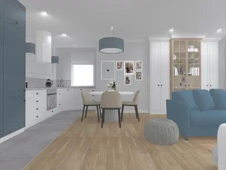 Wnętrze kuchni z niebieskimi meblami, drewnianą podłogą, w stylach soft minimalizm, tradycyjny, współczesny.