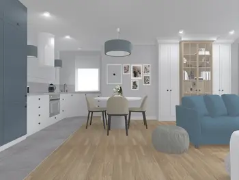 Wnętrze kuchni z niebieskimi meblami, drewnianą podłogą, w stylach soft minimalizm, tradycyjny, współczesny.
