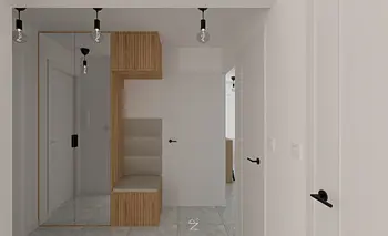 Przedpokój w stylu boho i skandynawskim z drewnianymi akcentami.