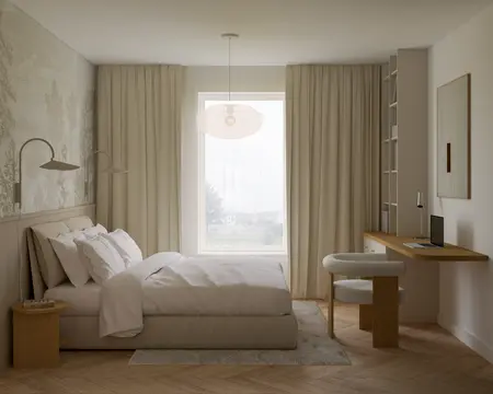 Wnętrze sypialni w stylu eklektycznym i minimalistycznym z jasnymi kolorami.