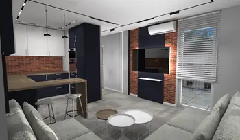 Wnętrze kuchni z ciemnymi meblami i ceglaną ścianą, styl industrialny i minimalistyczny.