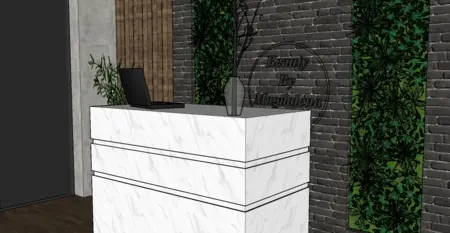 Recepcja z białym blatem, ciemną ścianą i zielonymi roślinami, minimalistyczny i nowoczesny design.